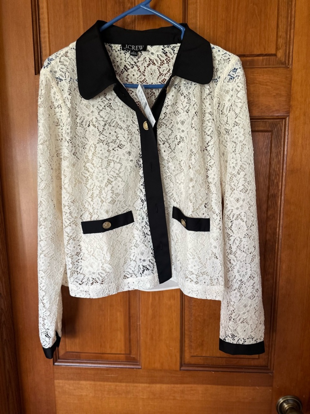 J. Crew Cream Lace jacket with Black Trim and Gold Buttons